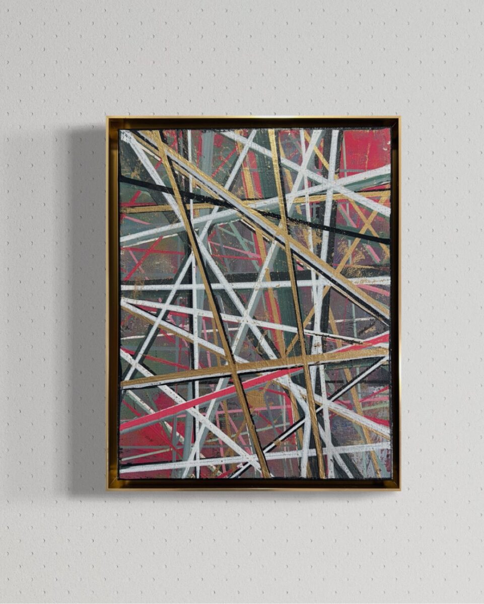 Gilded #1 Artist: Janette Afsharian Year:2025 Dimension: 17 x 14 Medium: Acrylic on Canvas Striking composition of intersecting lines, bold colors, and a layered sense of depth.