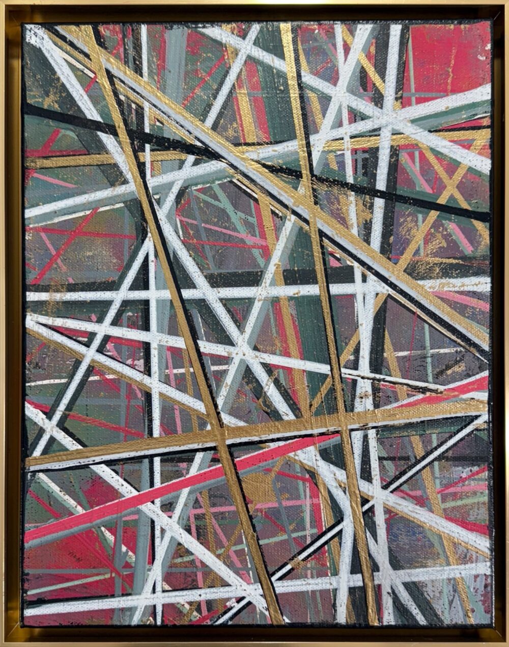 Gilded #1 Artist: Janette Afsharian Title: Green Year:2025 Dimension: 17 x 14 Medium: Acrylic on Canvas Striking composition of intersecting lines, bold colors, and a layered sense of depth.