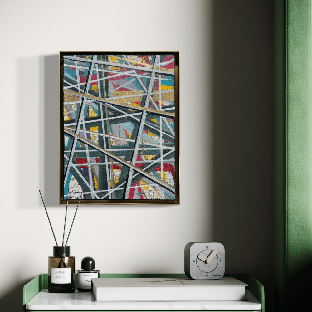 One-of-a-kind original artwork Vibrant, layered energy with intersecting lines and bursts of color breaking through the structured grid Acrylic and metallic gold paint on canvas Framed with gold metal floater style frame Painted Jan 2025 14in x 11in x 1.5in